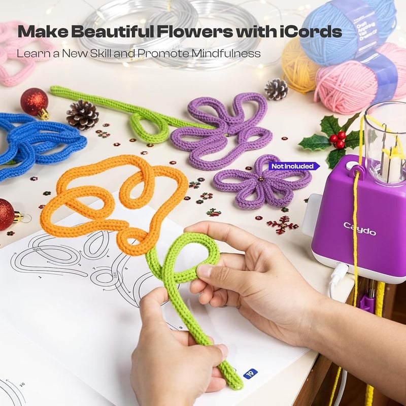 Caydo i Cord Flower Making Kit with 20 Flowers & 4 Leaves Templates, 10pcs Yarn and 82ft Craft Wire Kits for Beginner, DIY Florals Handicraft Making Kit, Learn to Knitting iCord with i Cord Maker Tool - Image 3